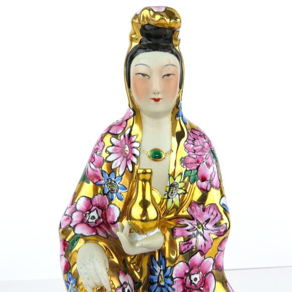Vintage 11" Porcelain Guanyin Statue TPC China Mid Century Kwan Yin Famille Rose - Picture 2 of 11